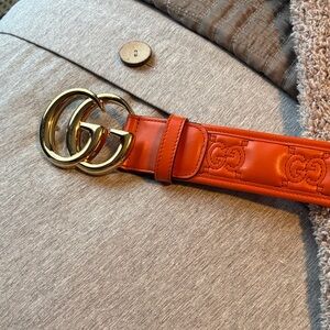 Gucci Orange Designer Belt with Gold Buckle